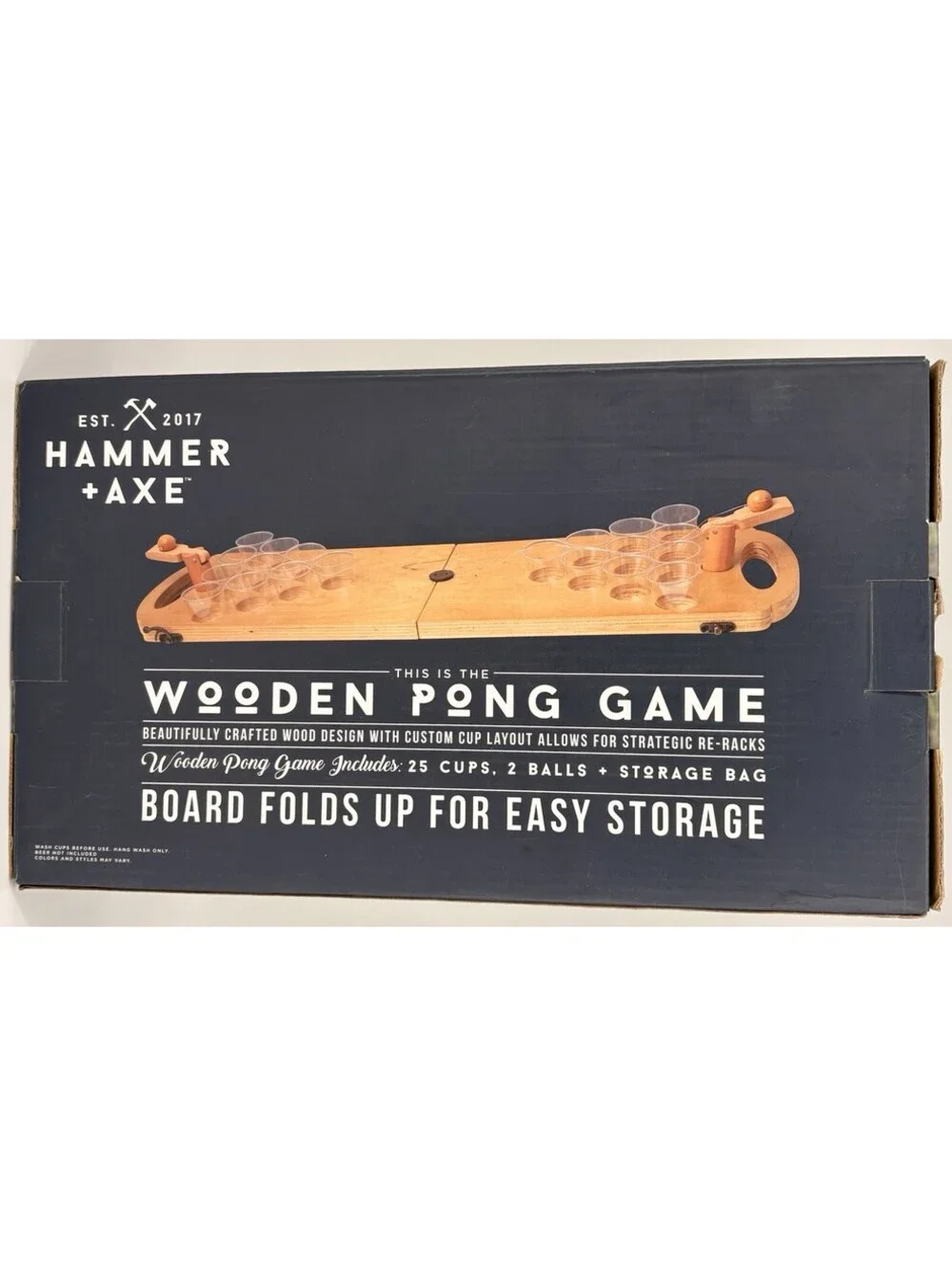 Hammer + Axe Wooden Pong Drinking Game Folding Board Set w/ 25 Cups, 2 Balls